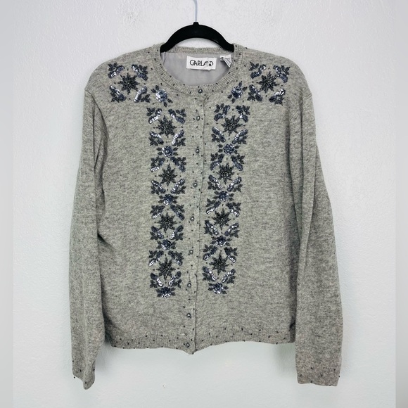 Vintage Garland Wool Rabbit Hair embellished Grey Floral Cardigan - Picture 2 of 8